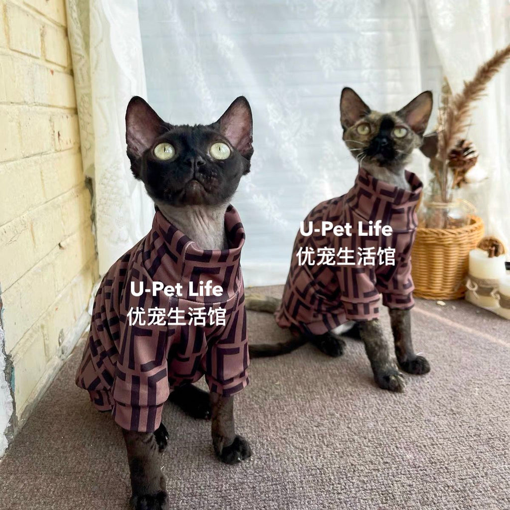 Stylish Hairless Cat Turtleneck Outfit – Warm Plaid Pet Jumpsuit for Sphynx Cats